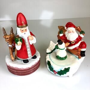 Pair of Vintage Japan Santa Music Box Figurines Ceramic Toyo Wind-Up READ